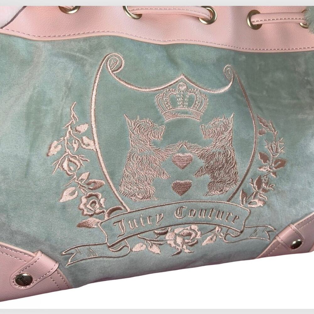 JUICY COUTURE VINTAGE SCOTTIE DOGS FROSTY GREEN NEW LOVE CHAPTER VELOUR TOTE NWT - Picture 3 of 11